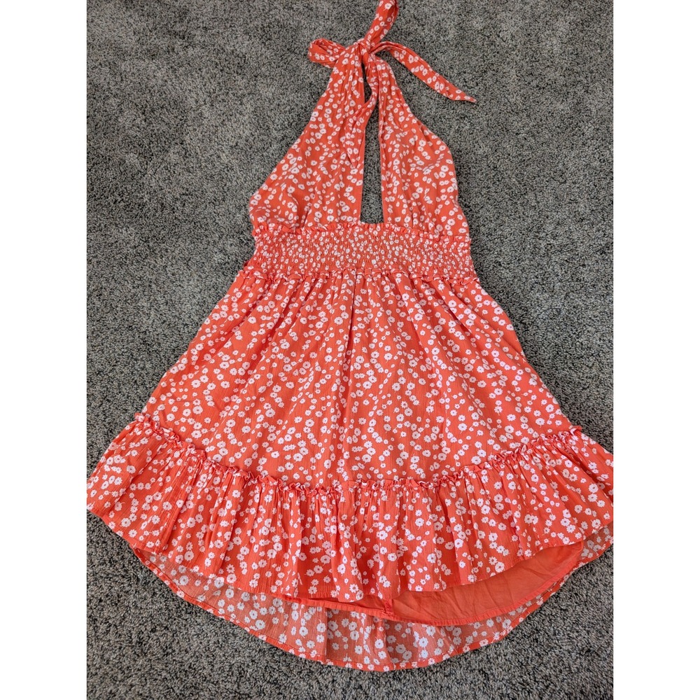 Aerie Orange Daisy Floral Halter Mini Dress Smocked Waist Ruffle Hem Medium